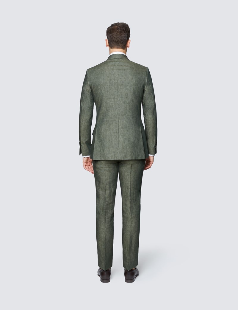 Men's Dark Green Semi Plain Linen Tailored Fit Double Breasted Italian Suit - 1913 Collection