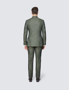 Men's Dark Green Semi Plain Linen Tailored Fit Double Breasted Italian Suit - 1913 Collection