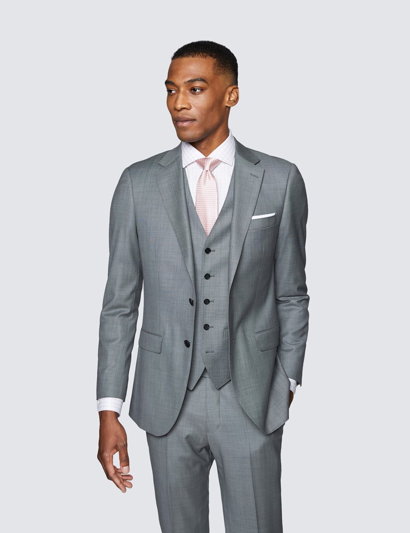 Men's Light Grey Twill 3 Piece Slim Fit Suit - Super 120s Wool | Hawes ...