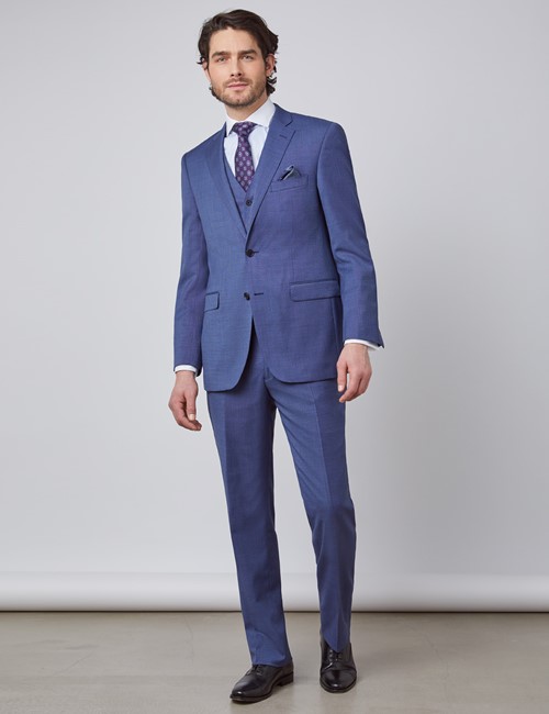 Dreiteiler Anzug – 100s Wolle – Classic Fit – blau strukturiert