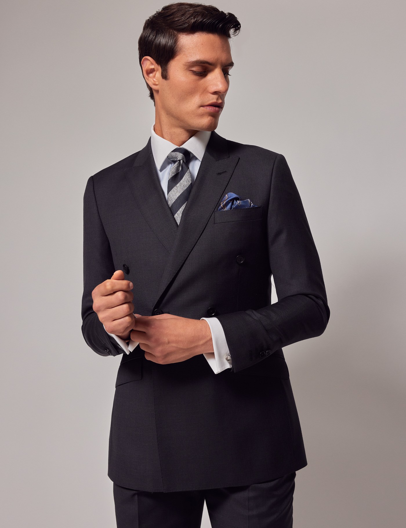Dark Charcoal Twill Double Breasted Slim Suit Jacket