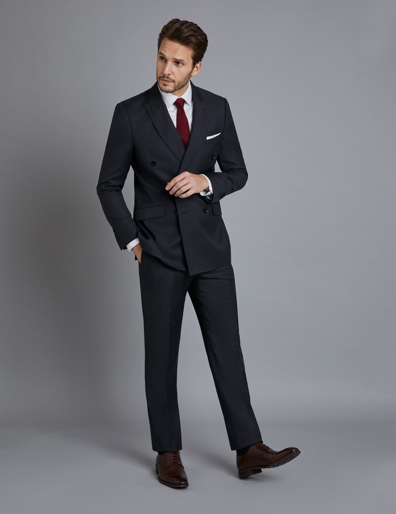 Men's Dark Charcoal Twill Double Breasted Slim Fit Suit | Hawes & Curtis