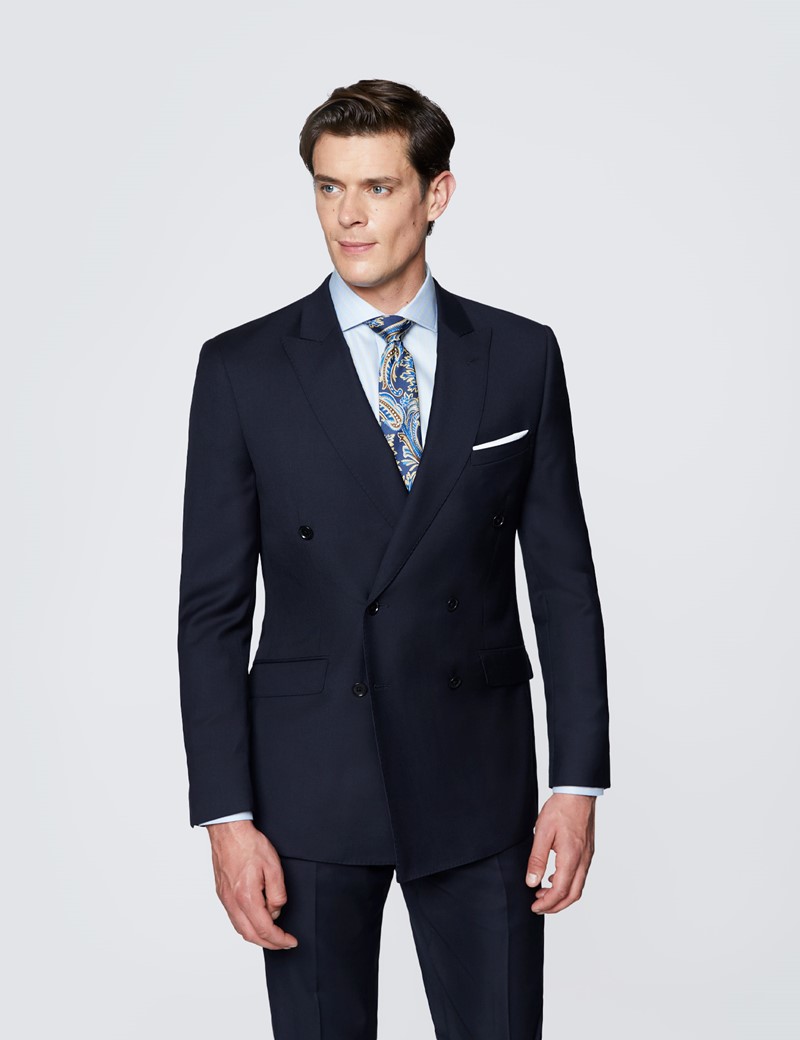 Men's Navy Twill Double Breasted Slim Fit Suit Jacket
