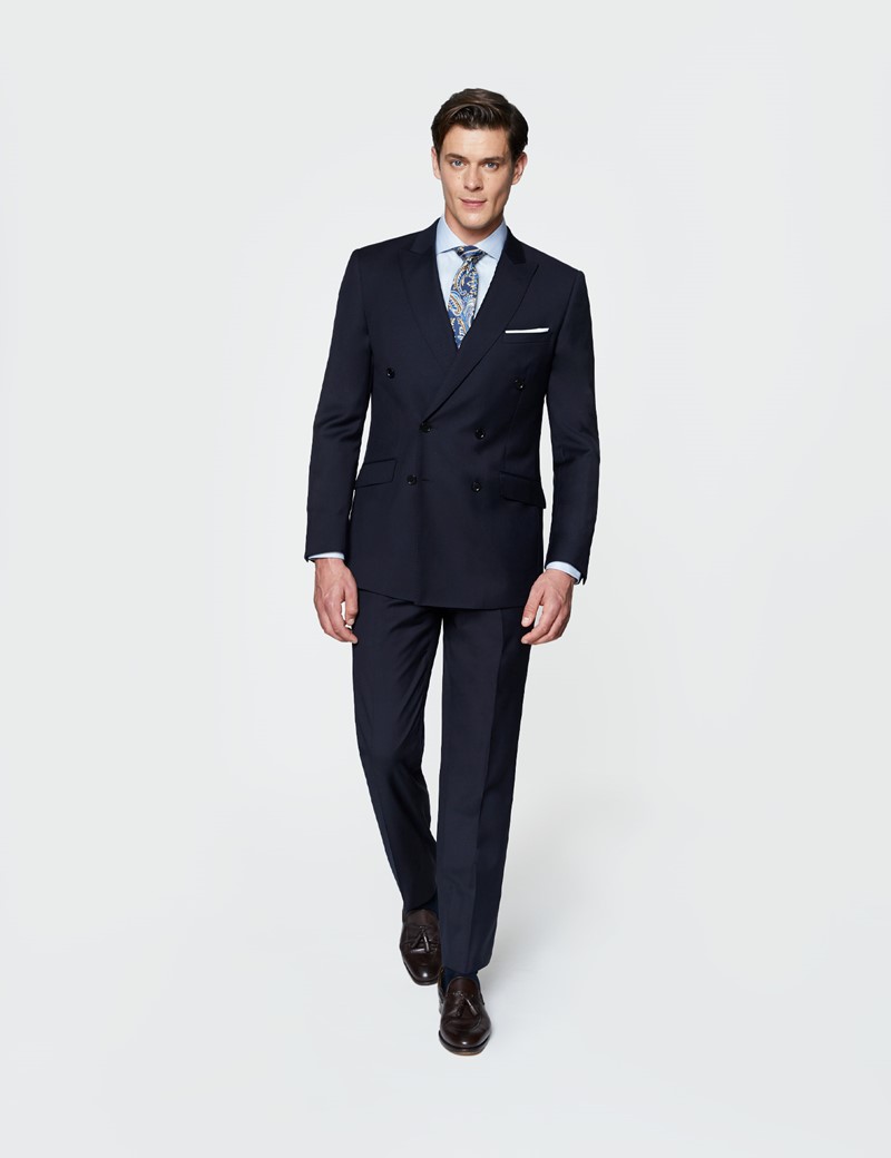 Anzug aus edler 100s Wolle - Slim Fit - Zweireiher - Twill dunkelblau