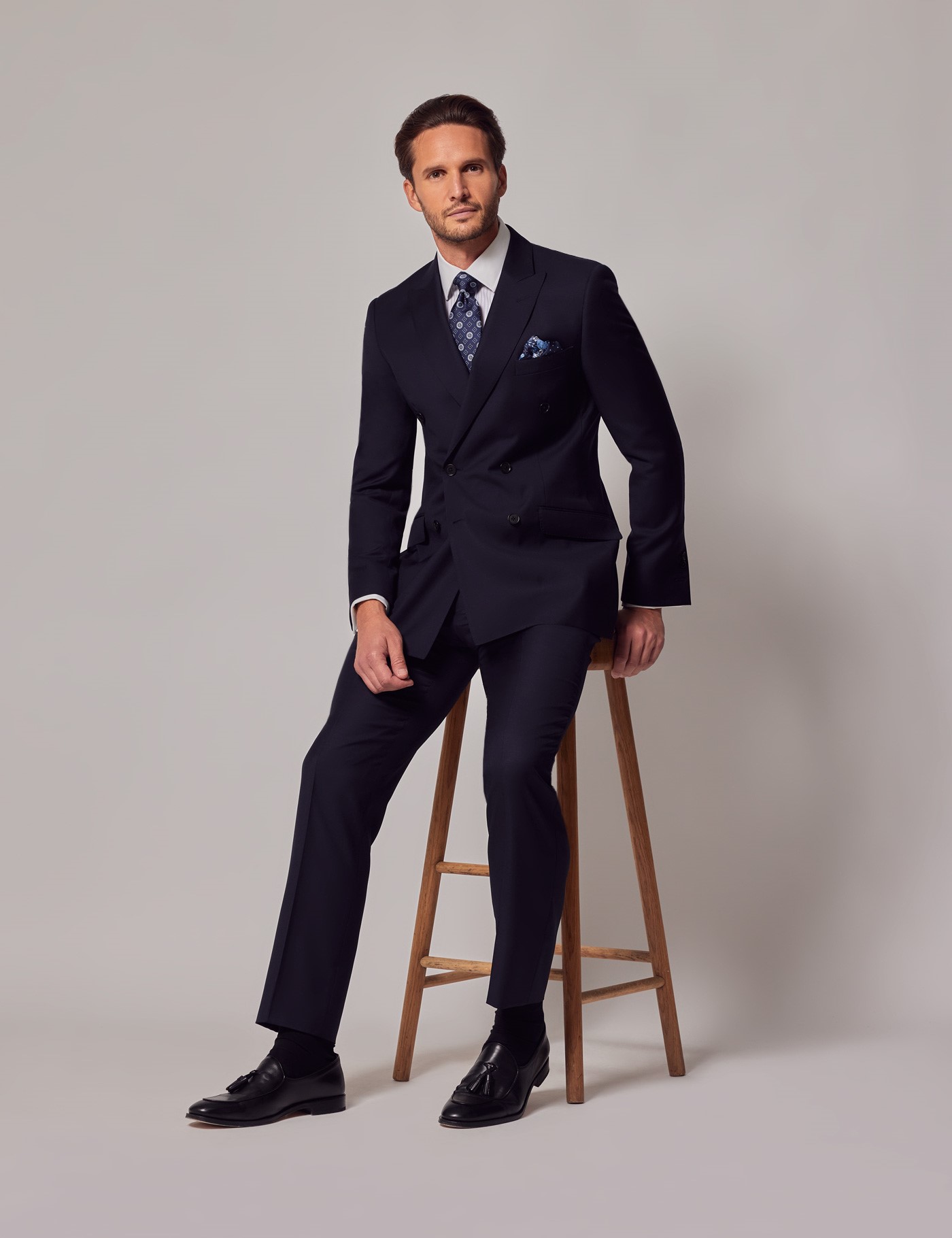 Navy Blue Twill Slim Double Breasted Suit