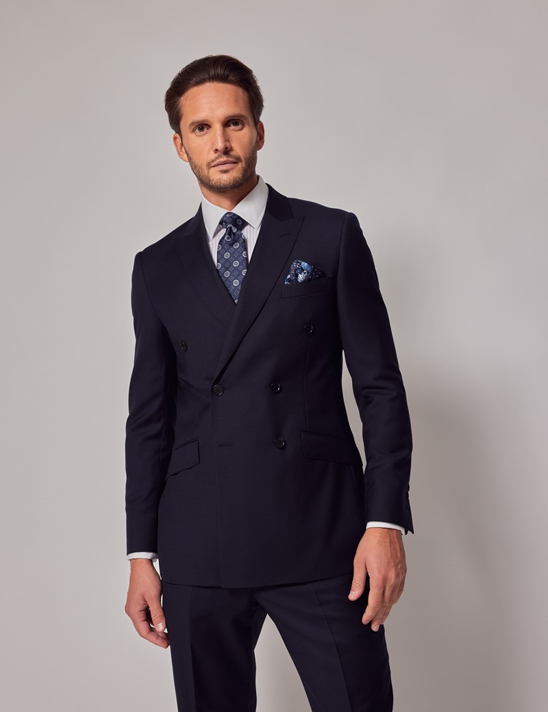 Men's Navy Blue Twill Slim Double Breasted Fit Suit | Hawes & Curtis