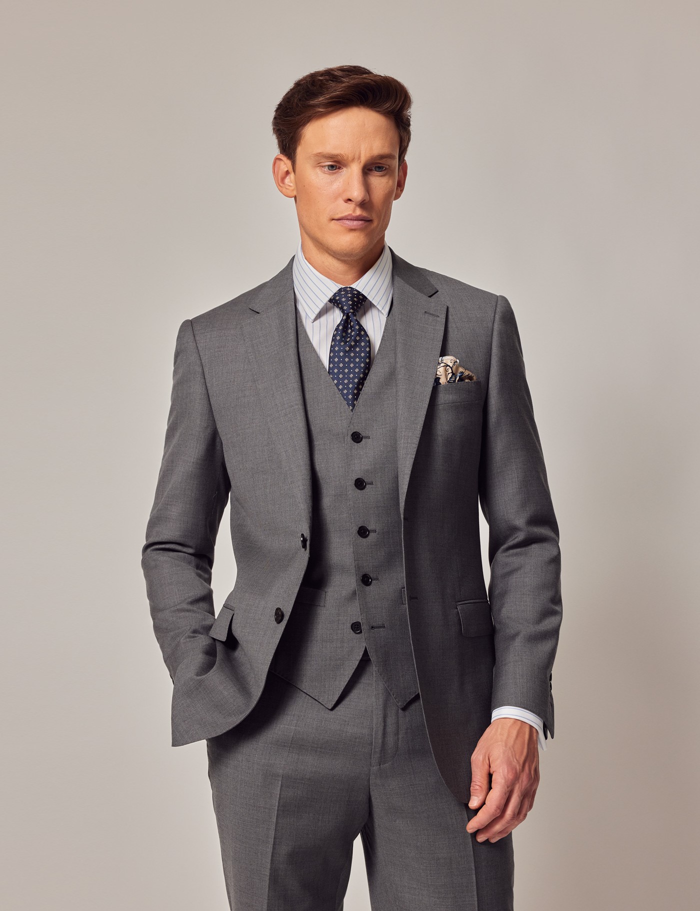 Men's Mid Grey 3 Piece Twill Slim Fit Suit - Super 100s Wool | Hawes ...