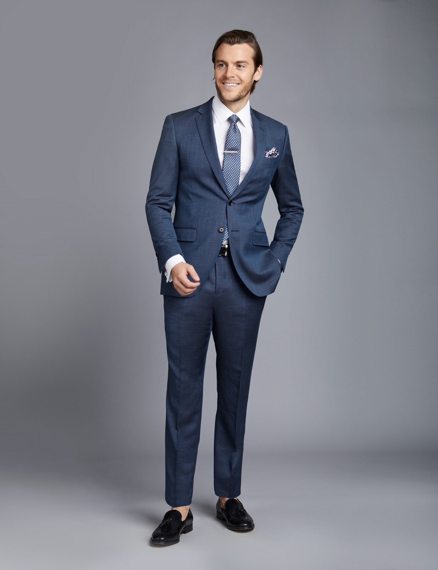 Men's Mid Blue Birdseye Slim Fit Suit | Hawes & Curtis