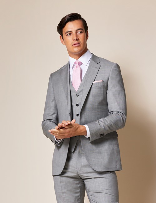 Men's Light Grey Twill 3 Piece Slim Fit Suit - Super 120s Wool