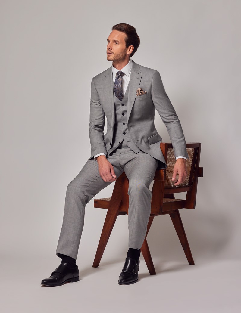 Men Grey Regular Fit Check Formal Three Piece Suit