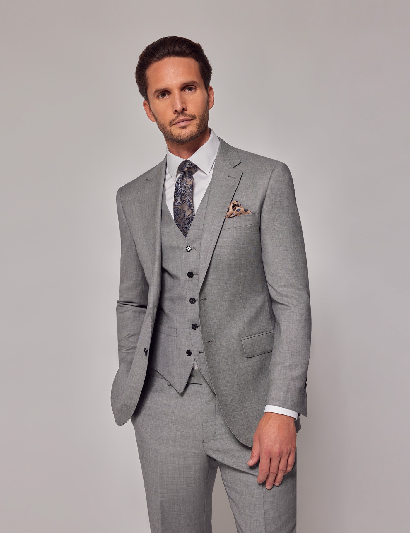 Men's Light Grey Twill 3 Piece Slim Fit Suit - Super 120s Wool | Hawes ...