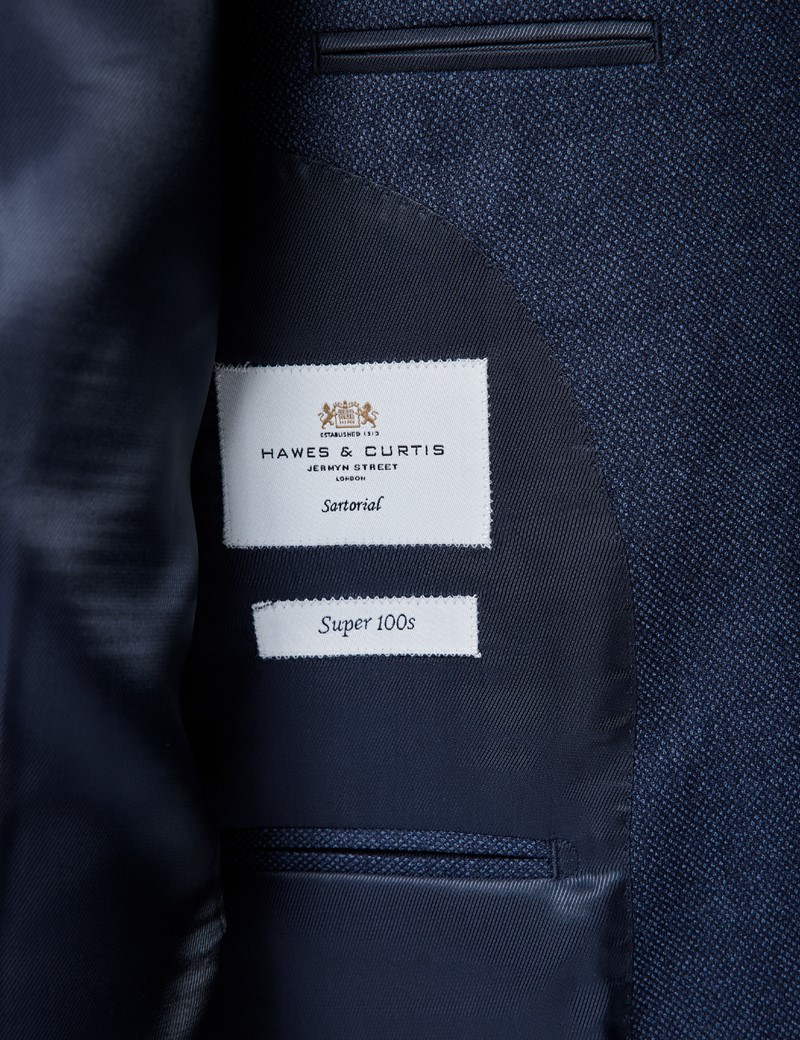 Men's Dark Blue Birdseye Semi Plain 3 Piece Slim Fit Suit 