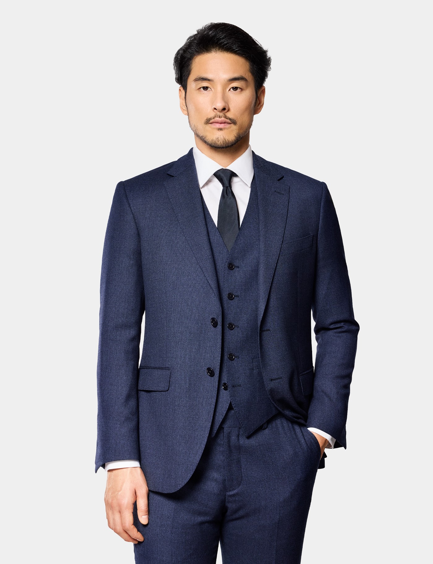 & Slim Fit Dark Blue Birdseye Suit One