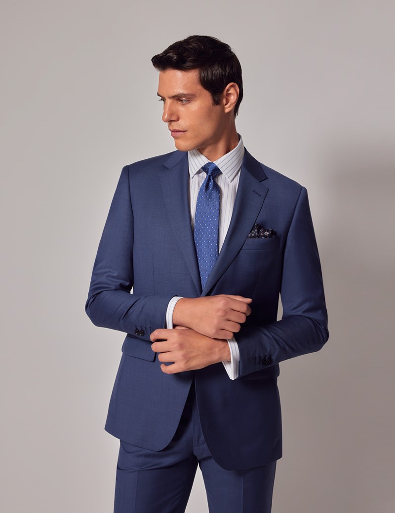 Dreiteiler Anzug – Slim Fit – 140s Wolle – blau Sharkskin Muster