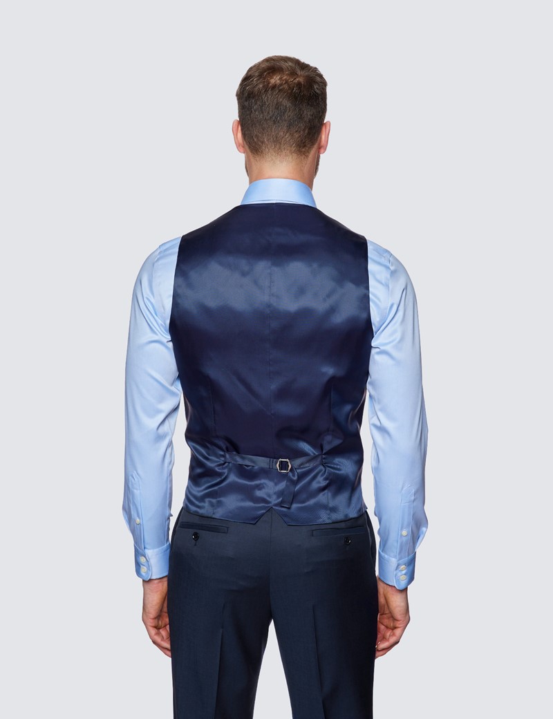 Dreiteiler Anzug – Slim Fit – 100s Wolle – 2-Knopf Einreiher – dunkelblau Sharkskin-Webung
