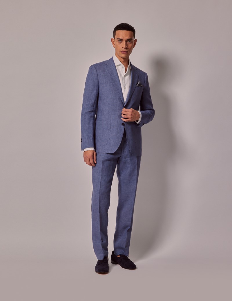 Men's Mid Blue Linen Slim Suit Jacket | Hawes & Curtis