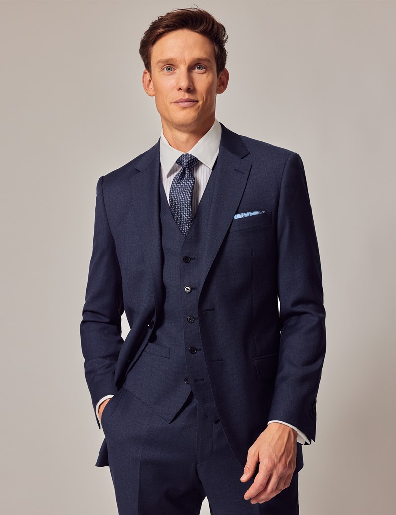 Men's Blue Semi Plain Zigzag 3 Piece Slim Fit Suit | Hawes & Curtis