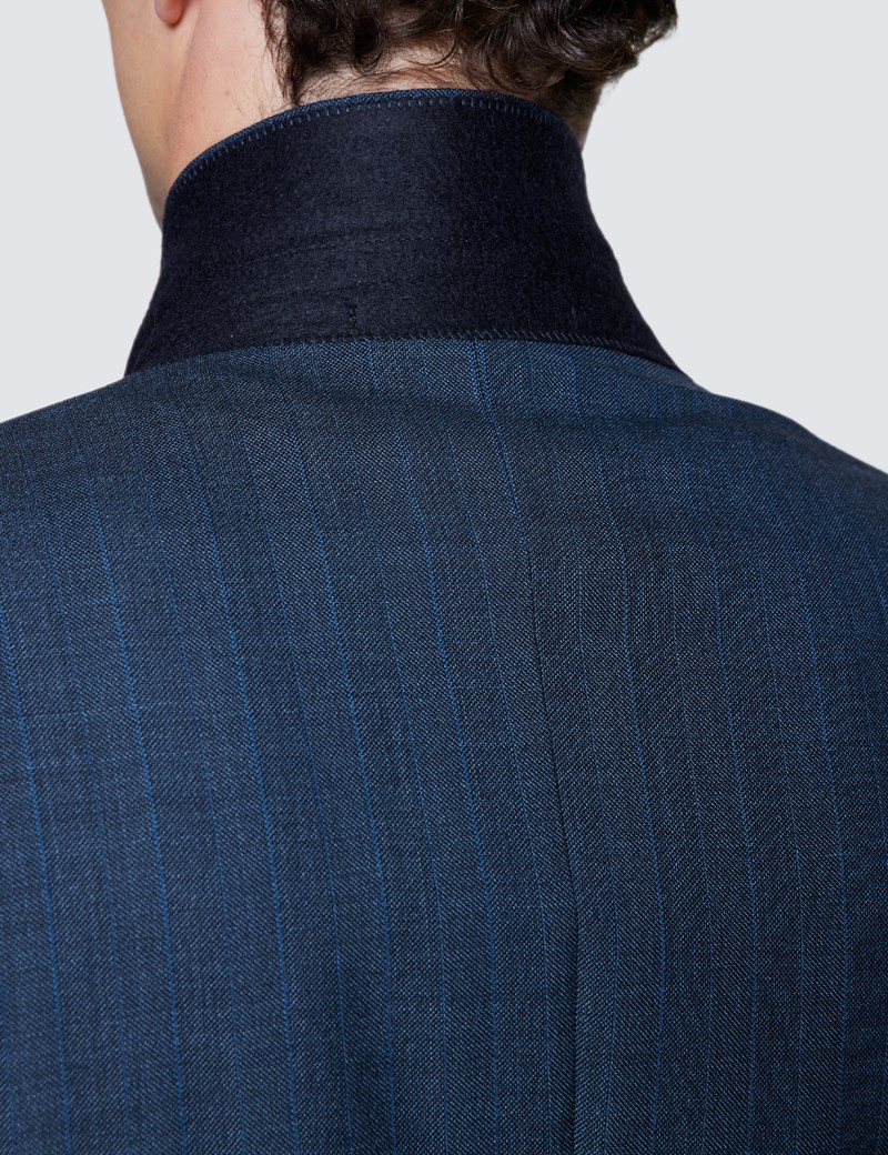 Men’s Dark Blue Stripe Tailored Fit Herringbone Italian Suit Jacket - 1913 Collection
