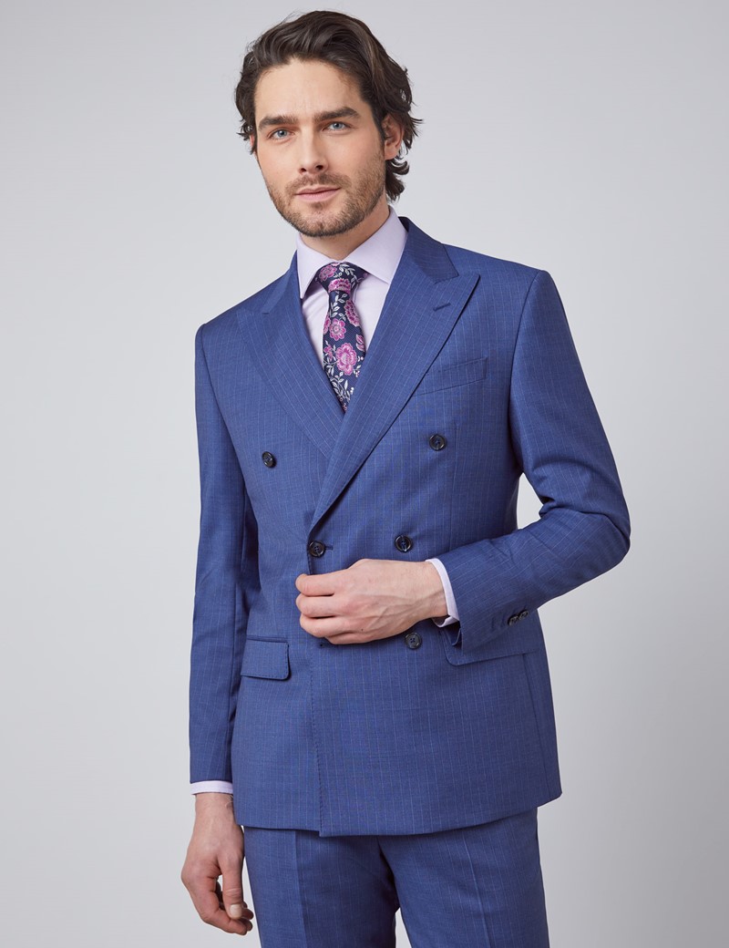 Men’s Blue Guarded Stripe Tailored Fit Double Breasted Italian Suit - 1913 Collection