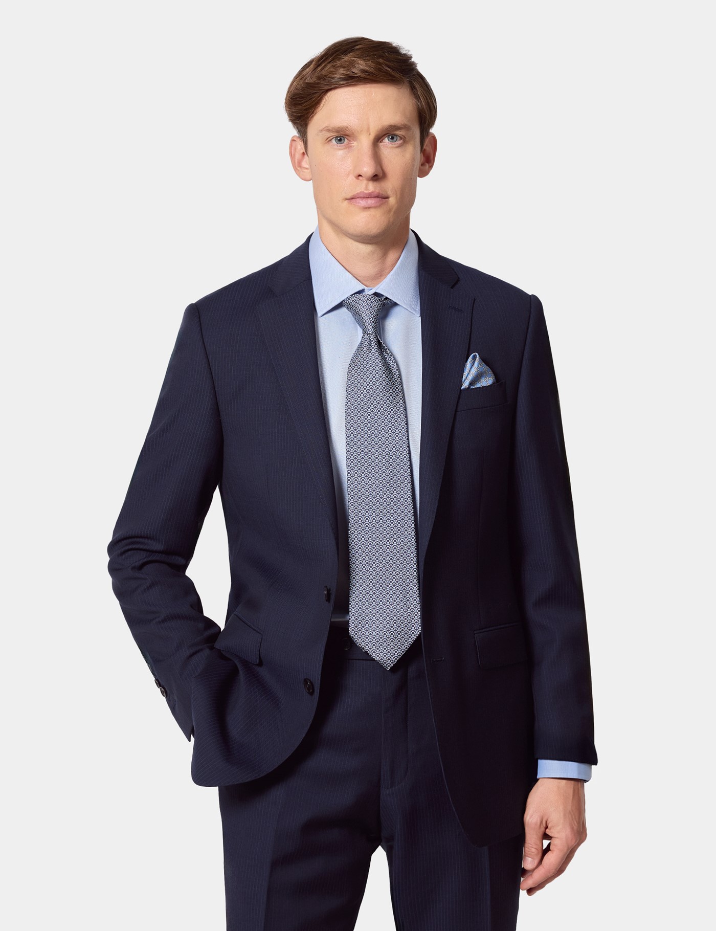 & Tailored Fit Dark Blue Pinstripe Suit Jacket reg