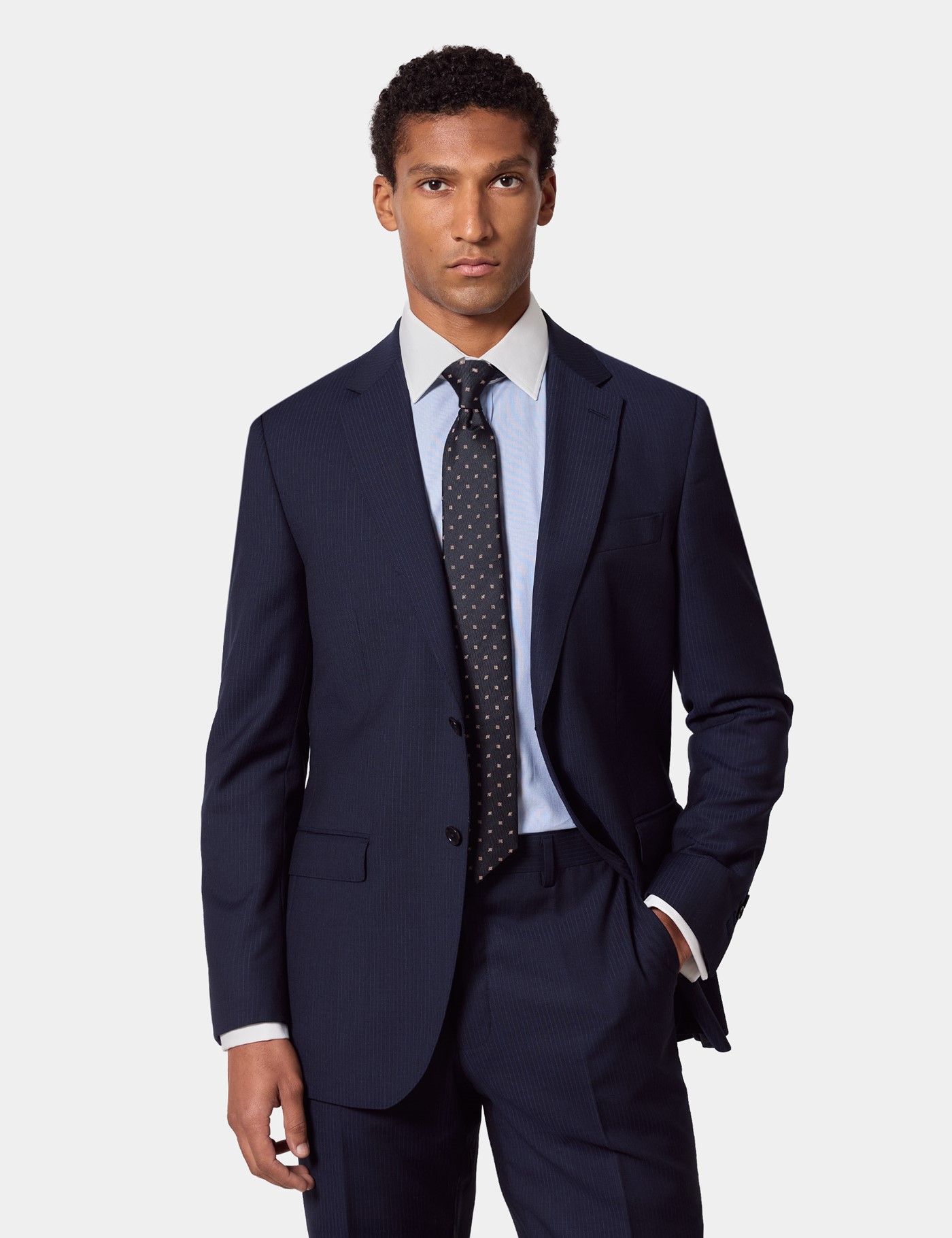 & Slim Fit Dark Blue Pinstripe Suit Jacket short