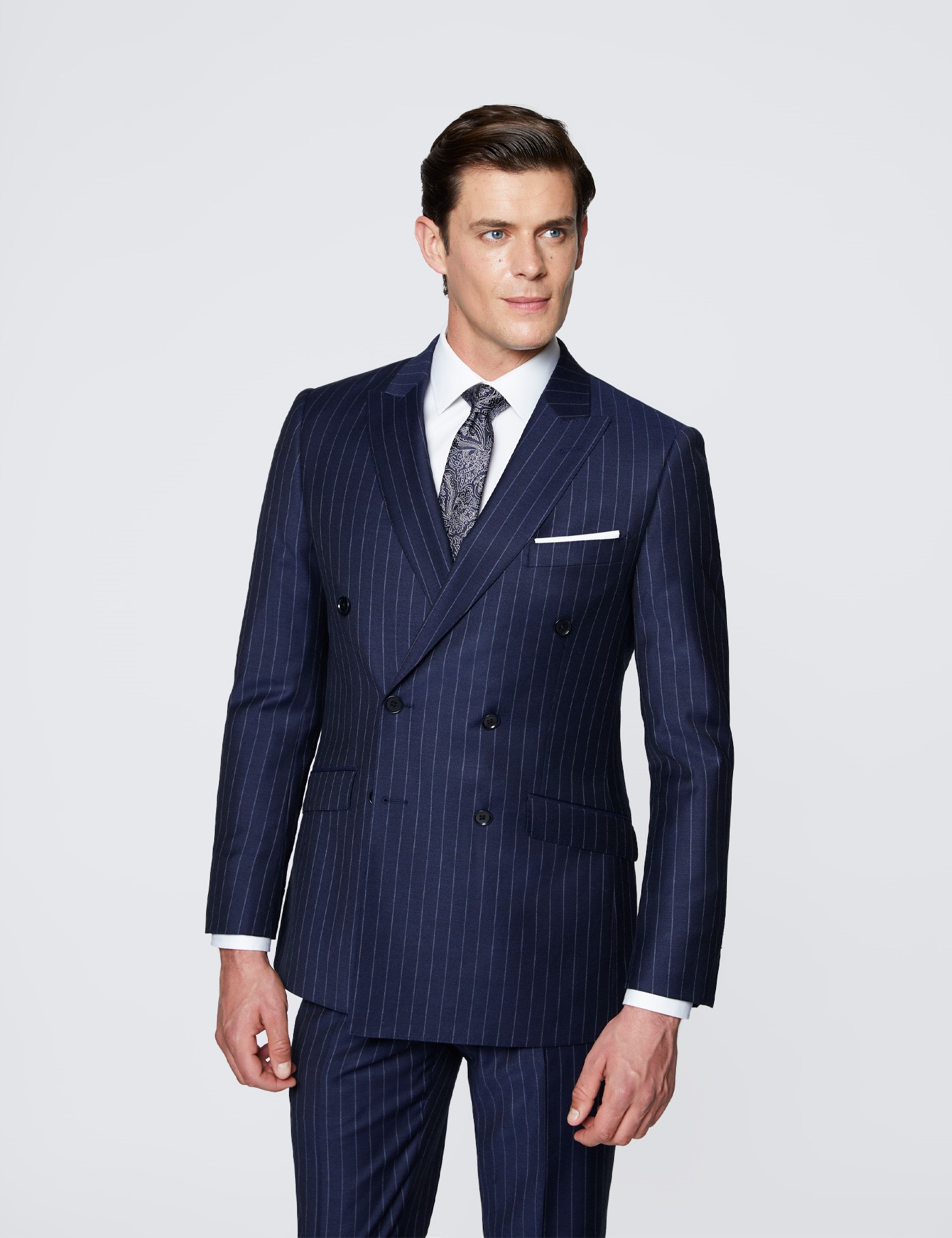 Men S Navy Chalk Stripe Double Breasted Slim Fit Suit Jacket Hawes And Curtis