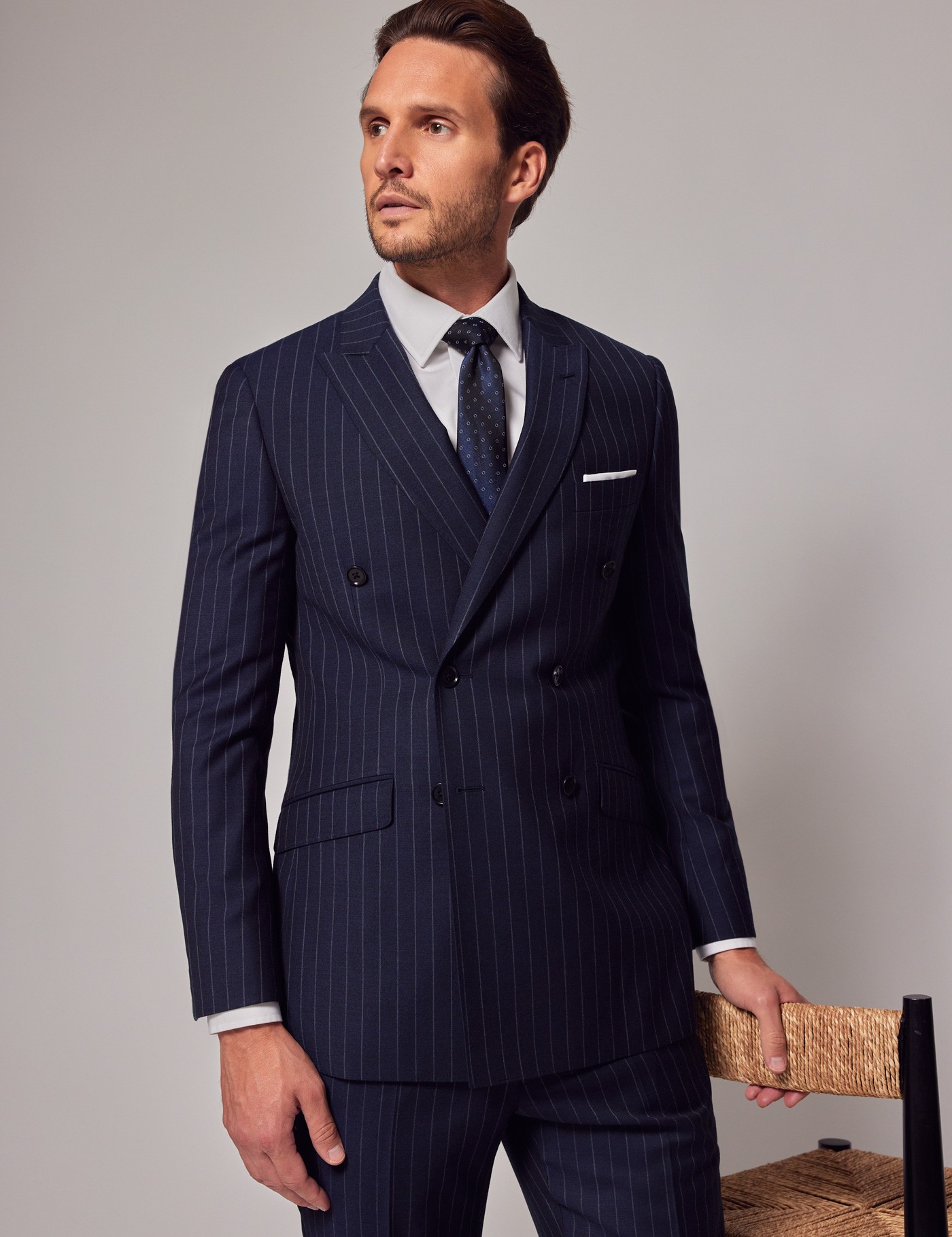 Navy Chalk Stripe Double Breasted Slim Suit Jacket