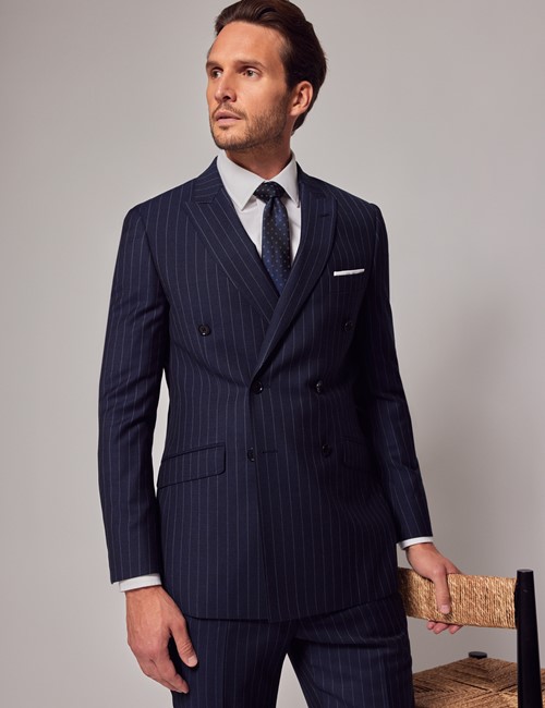 Men's Navy Chalk Stripe Double Breasted Slim Fit Suit Jacket