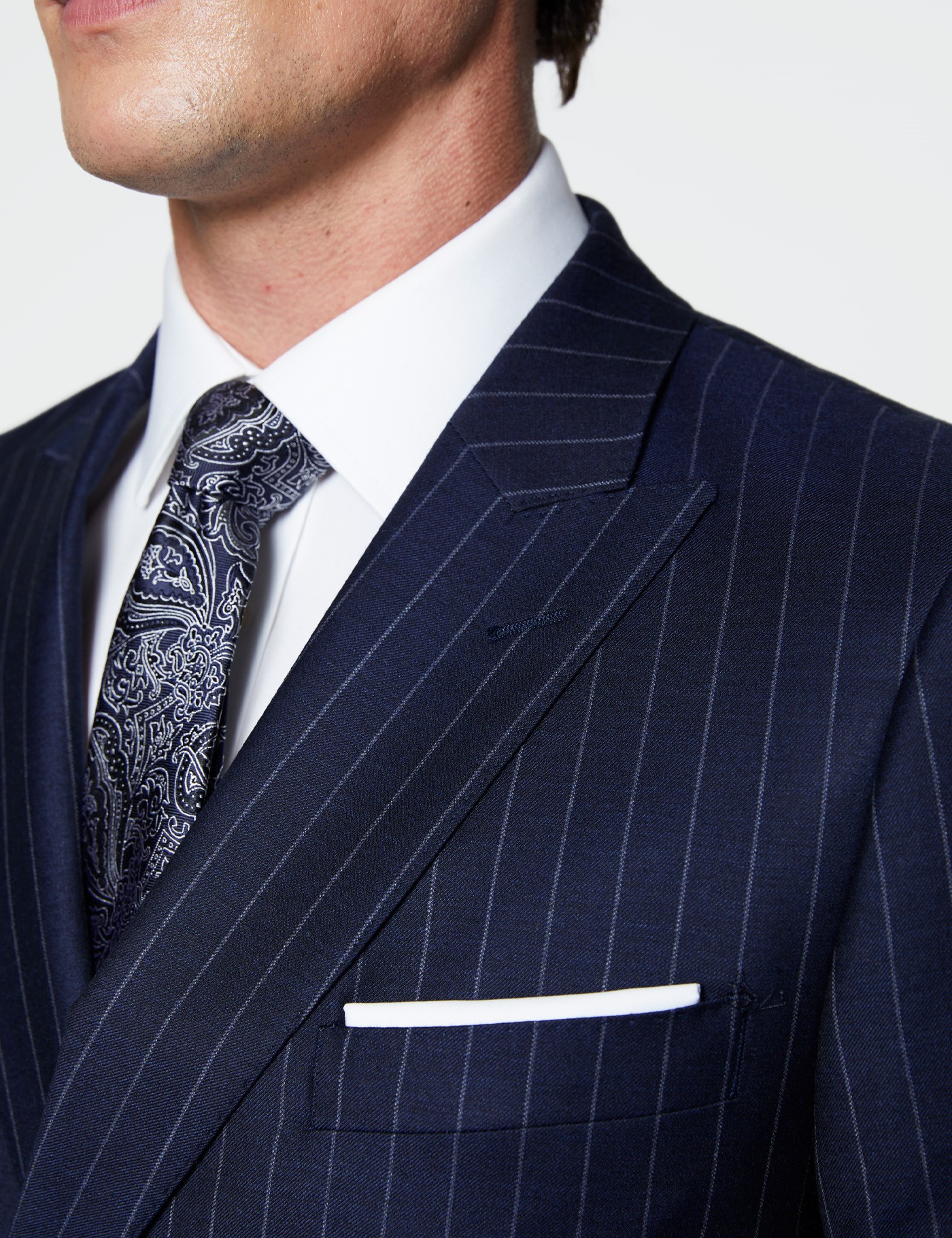 Men S Navy Chalk Stripe Double Breasted Slim Fit Suit Hawes Curtis