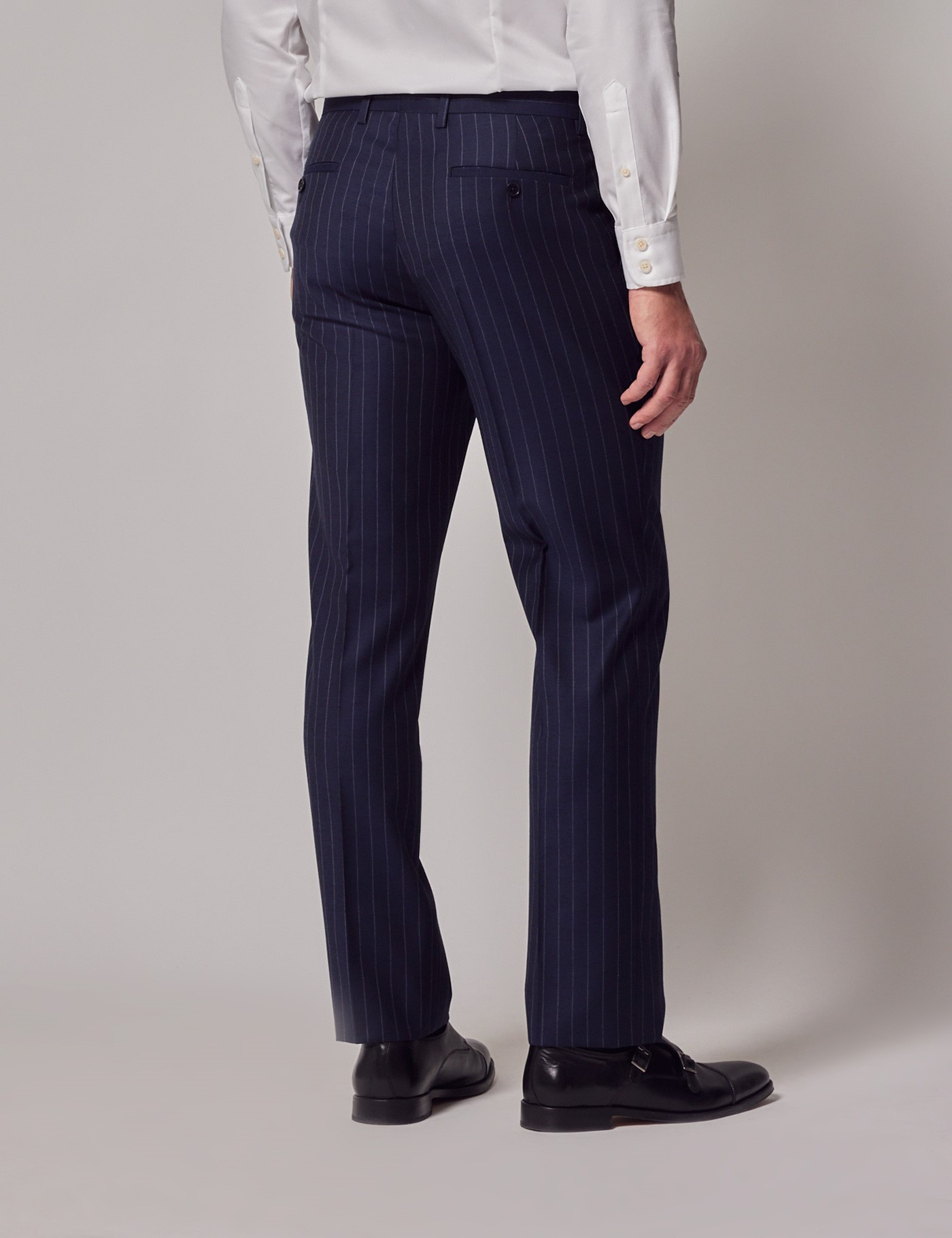 Mens Navy Chalk Stripe Double Breasted Slim Fit Suit Hawes And Curtis 