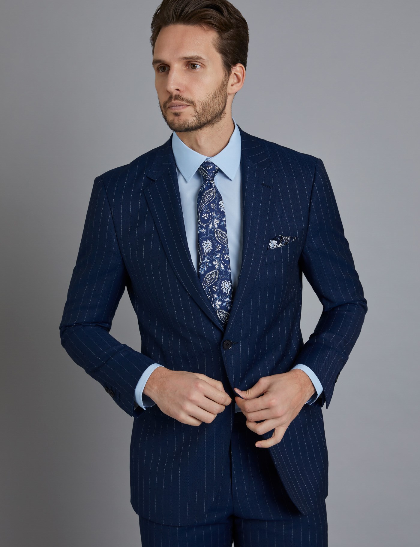 blue and white pinstripe suit