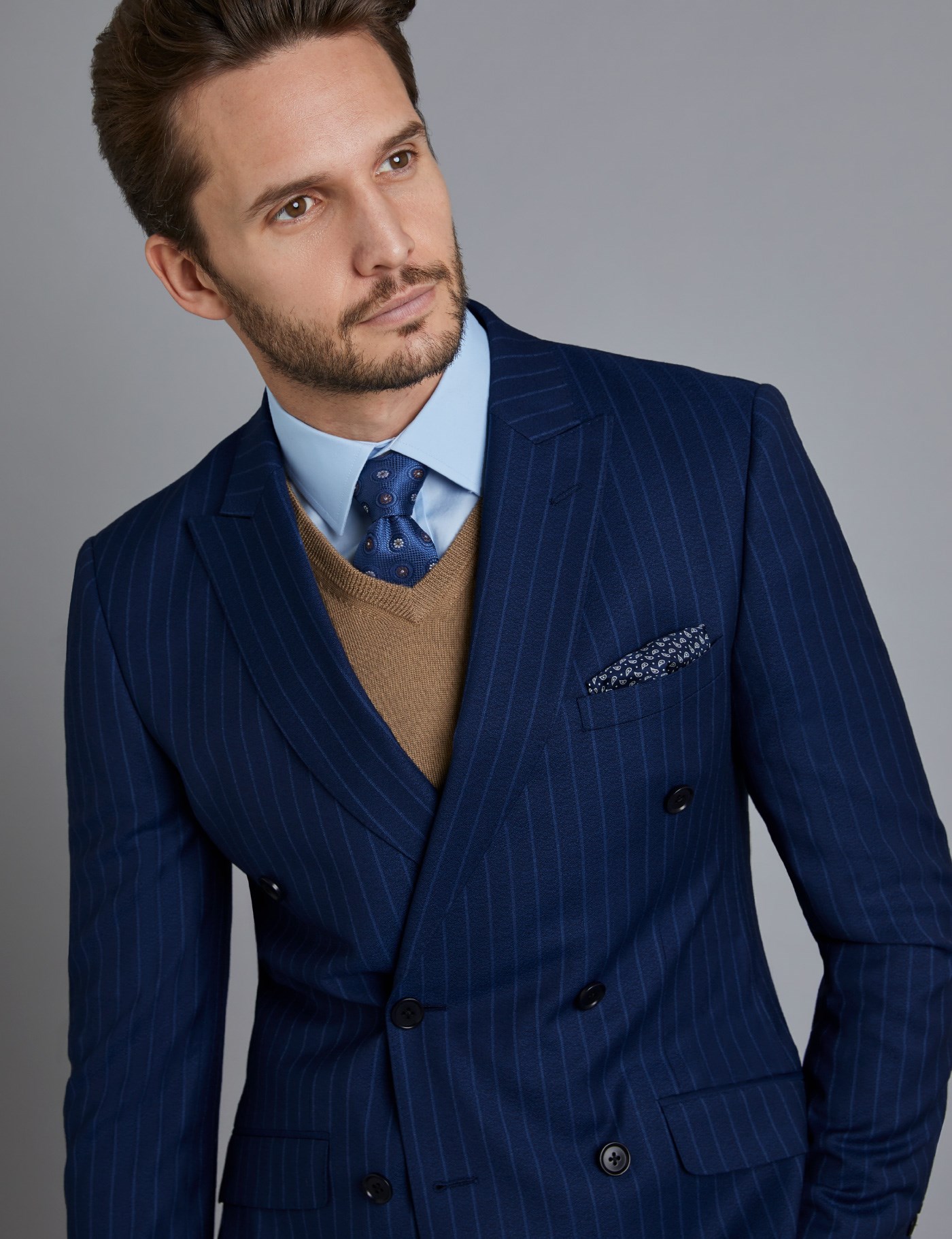 Men's Indigo Tonal Mid Stripe Double Breasted Slim Fit Suit Jacket 