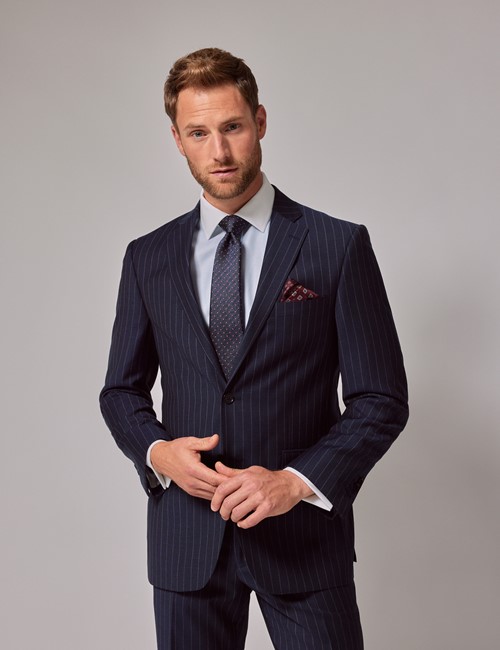 Men's Navy Chalk Stripe Classic Fit Suit Trousers | Hawes & Curtis