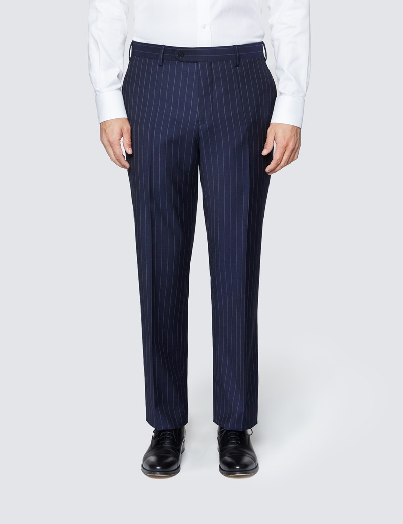 navy blue suit with white stripes