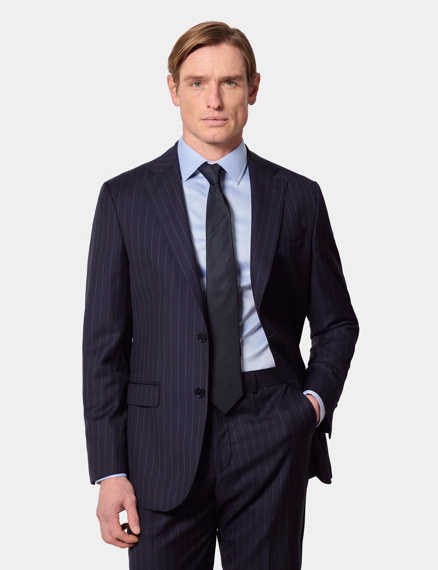 Hawes & Curtis Tailored Fit Navy Chalk Stripe 1913 Suit Jacket Size: 46 (EU 56)