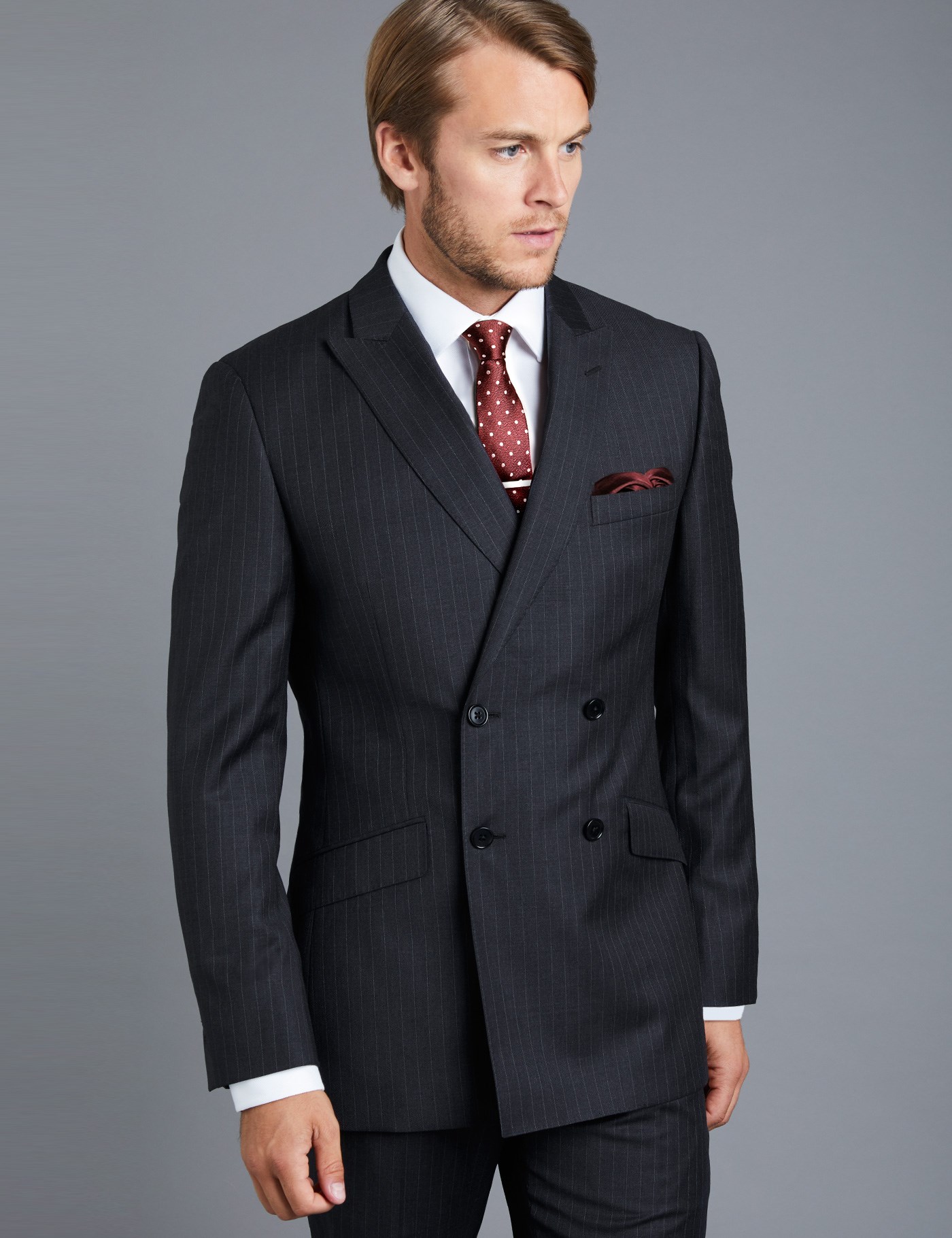 Men S Charcoal Grey Pinstripe Slim Fit Suit Double Breasted Super 120s Wool Hawes And Curtis