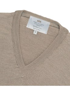 Men's Beige V-Neck Jumper - Italian-Made Merino Wool 