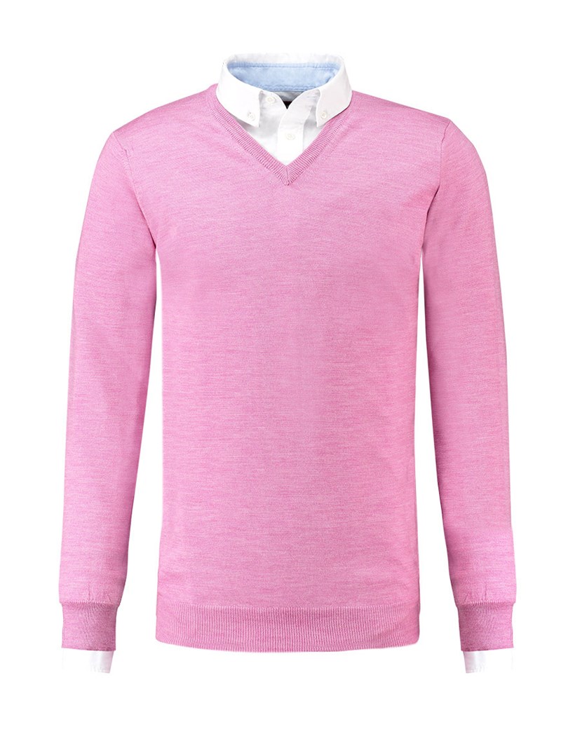 Men's Pink Slim Fit V-Neck Merino Wool Sweater | Hawes & Curtis