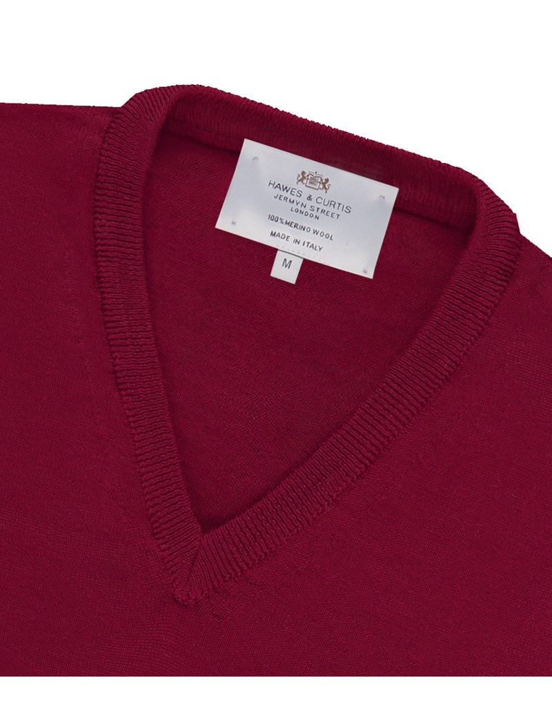 Men's Burgundy Slim Fit V-Neck Merino Wool Sweater | Hawes & Curtis