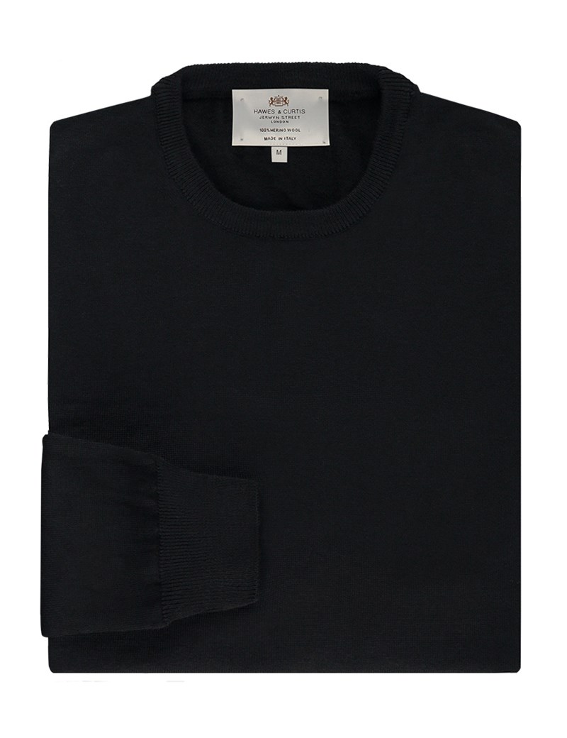Men's Black Slim Fit Round Neck Merino Wool Sweater | Hawes & Curtis