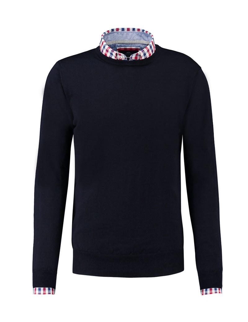 Men's Navy Round Neck Merino Wool Jumper Slim Fit Hawes & Curtis