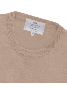 Men's Beige Slim Fit Round Neck Merino Wool Sweater