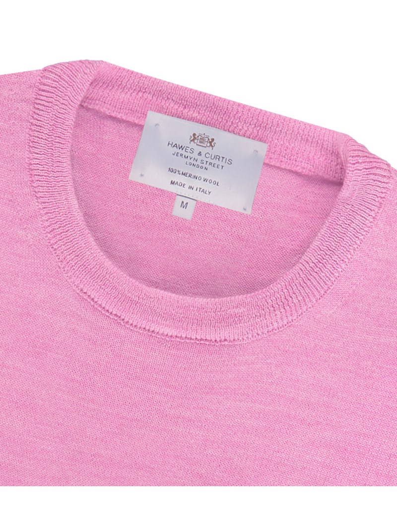 Men's Pink Slim Fit Round Neck Jumper - Italian-Made Merino Wool ...
