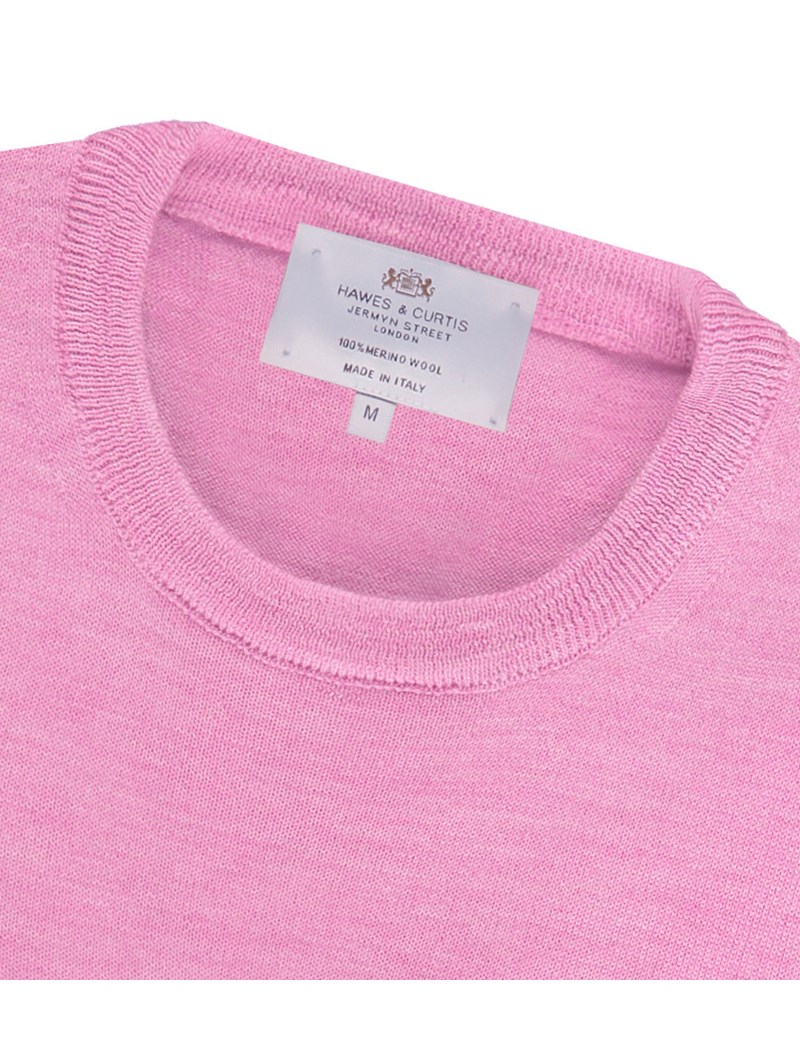 Men's Pink Slim Fit Round Neck Jumper ItalianMade Merino Wool