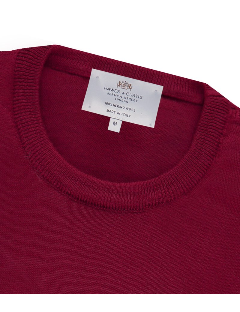 Men's Burgundy Slim Fit Round Neck Jumper - Italian-Made Merino Wool ...