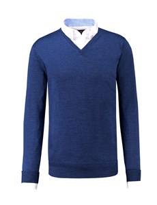 Men's Blue V-Neck Merino Wool Jumper - Slim Fit