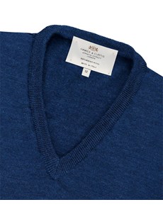 Men's Blue V-Neck Merino Wool Sweater - Slim Fit