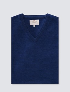 Men's Mid Blue V-Neck Merino Wool Sweater - Slim Fit