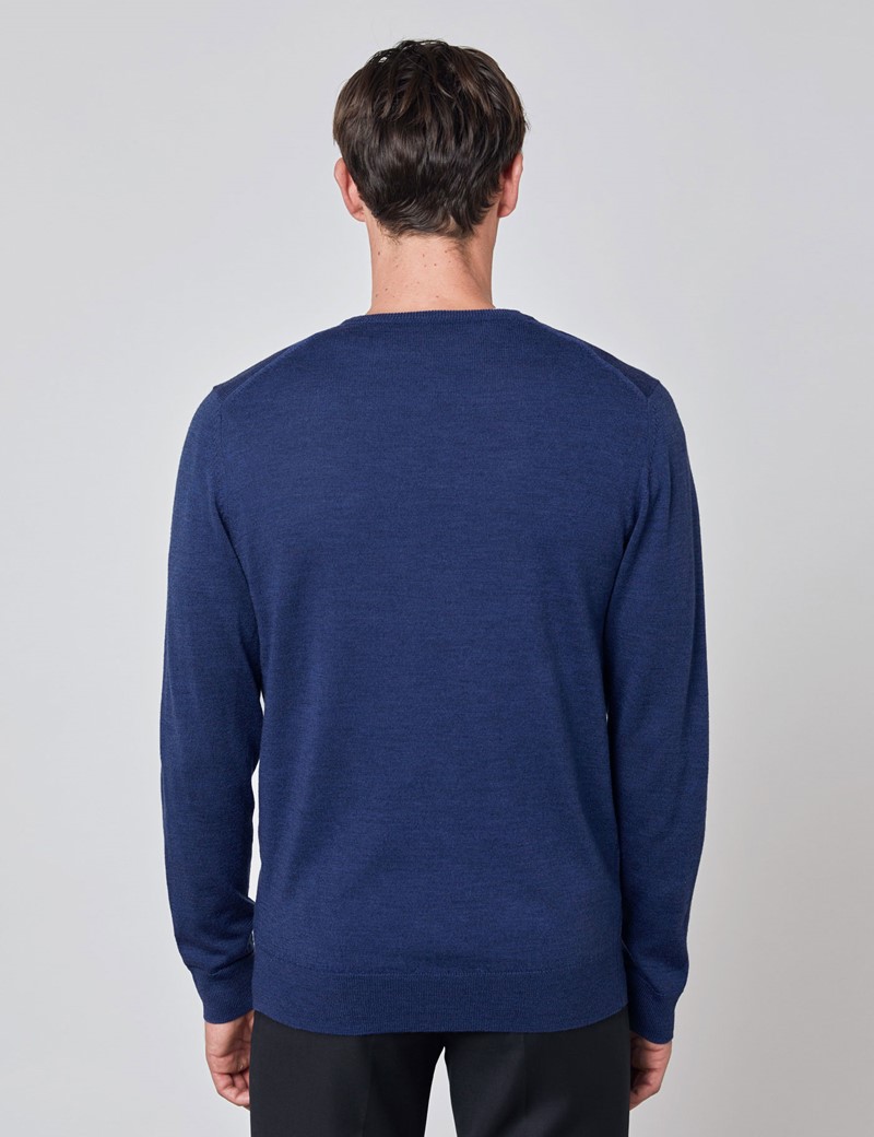 Men's Mid Blue V-Neck Merino Wool Jumper - Slim Fit