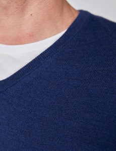 Men's Mid Blue V-Neck Merino Wool Sweater - Slim Fit